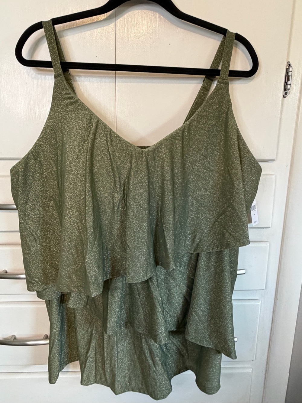 NWT Lane Bryant Size 24 Olive Green Metallic Ruffle Tankini Swim Top